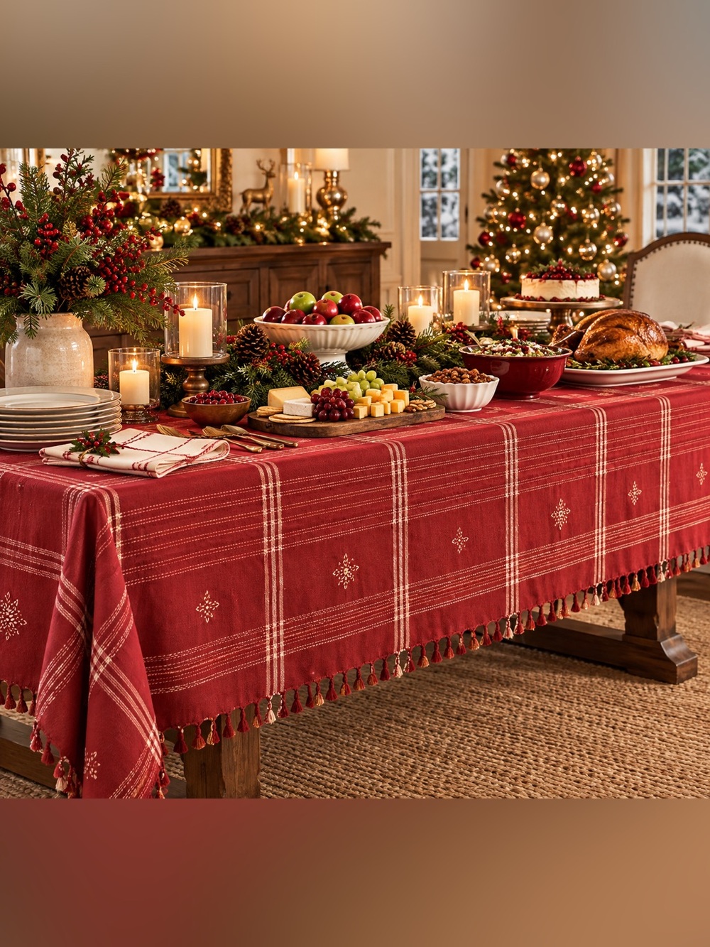 Pottery Barn Watson Plaid Table Throw Red White Cotton Fringe Holiday Table
